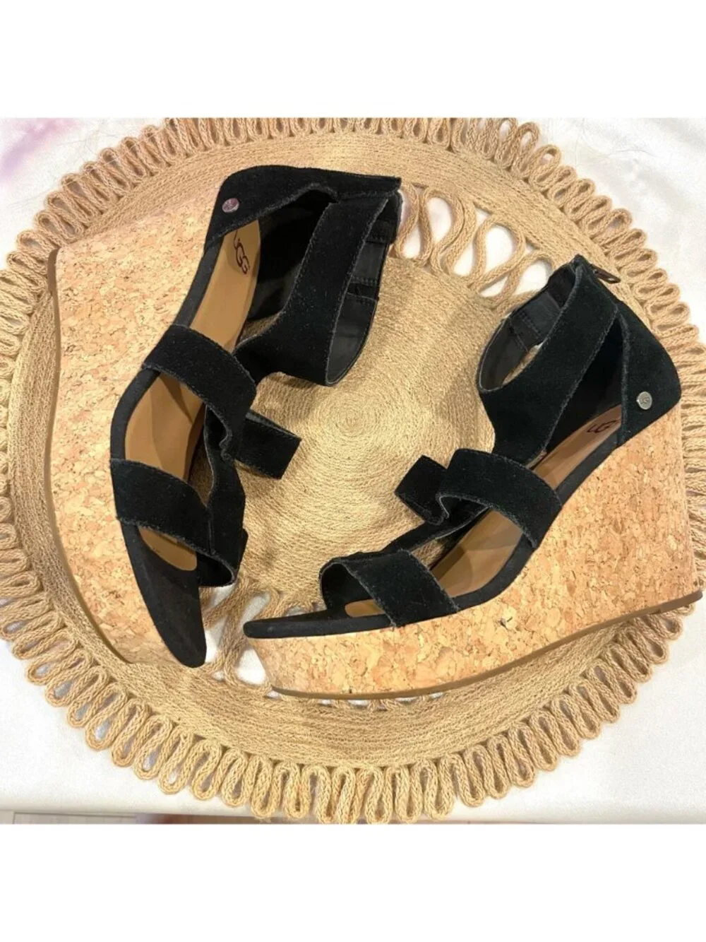 UGG Whitney Wedge Black Suede Sandals Size 8 Boho Chic Coastal